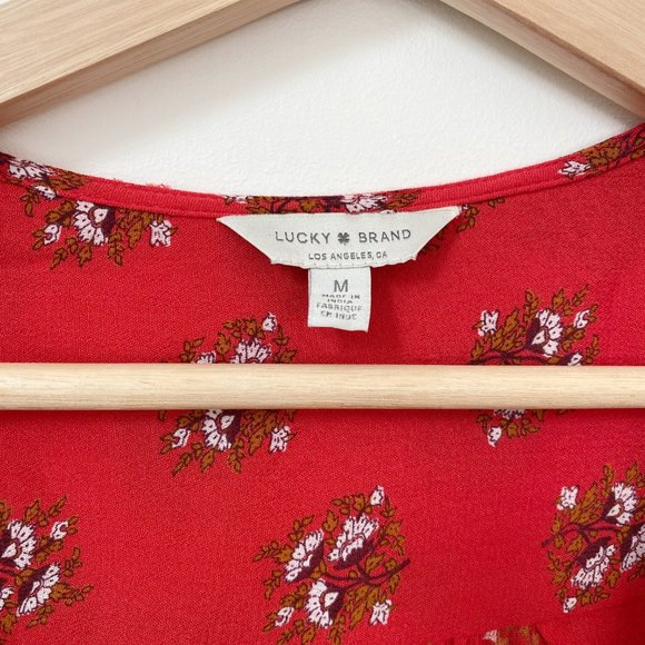 LUCKY BRAND LONG SLEEVE V NECK RED FLORAL PRINTED SURPLICE BLOUSE MEDIUM - Picture 3 of 5
